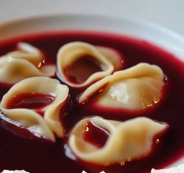 Bowl of Polish Borscht with Uszka dumplings topped with herbs
