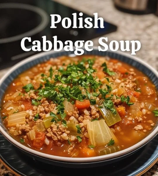 A bowl of delicious and warm Polish Cabbage Soup with fresh ingredients.