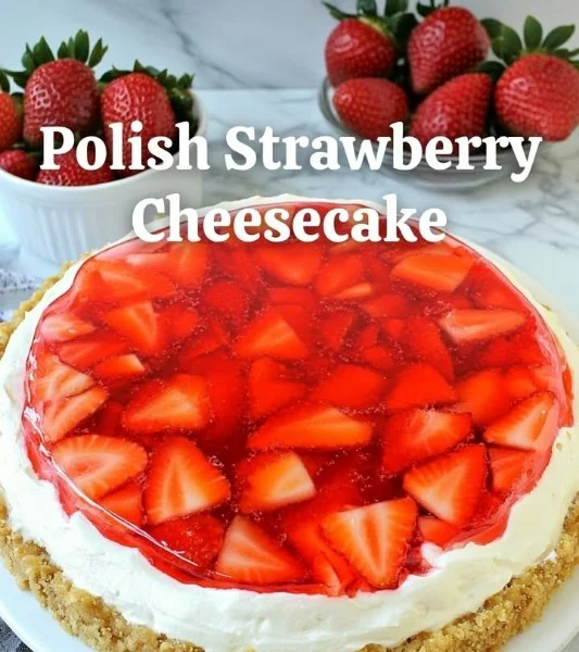 Polish Cold Strawberry Cheesecake topped with fresh strawberries and cream