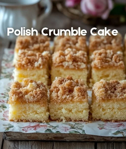 Slice of Polish Crumble Cake with a crumbly topping and fresh fruit