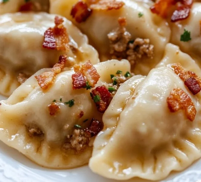 Homemade Polish dumplings with ground meat and bacon served on a plate