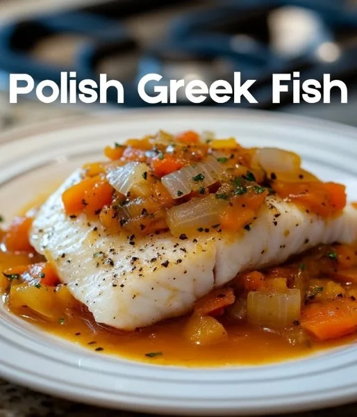 A platter of Polish Greek Fish served with fresh herbs and lemon.