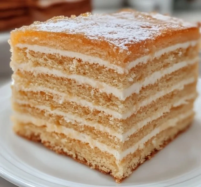 Delicious slice of Polish Honey Cake topped with honey and nuts