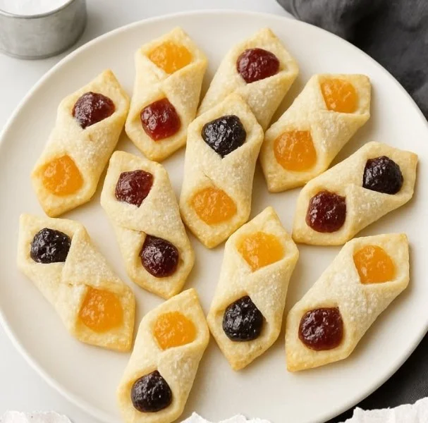 Traditional Polish Kolaczki pastries filled with fruit and powdered sugar.