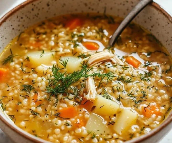 Bowl of Polish Krupnik Soup garnished with fresh herbs.