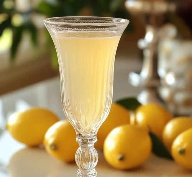 Bottle of Polish lemon liqueur with a lemon slice garnish