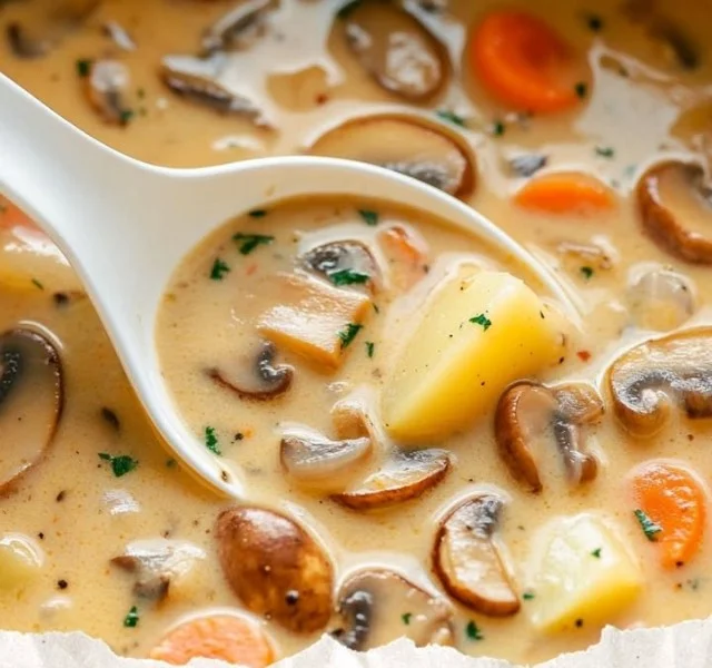 Bowl of traditional Polish Mushroom Soup garnished with fresh herbs.