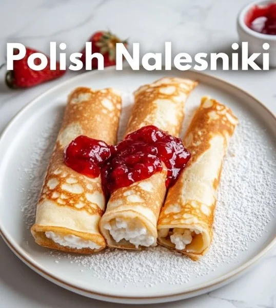 Delicious Polish pancakes topped with fresh fruits and dusted with powdered sugar