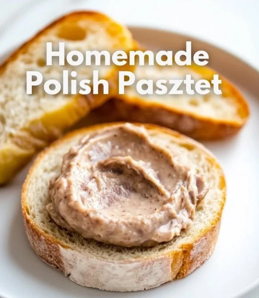 Homemade Polish pâté served on a wooden board with herbs