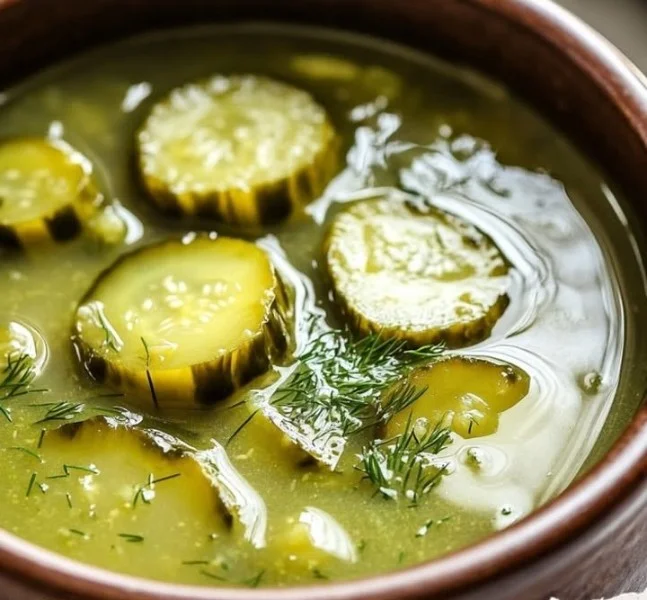 Bowl of traditional Polish pickle soup garnished with dill and served hot