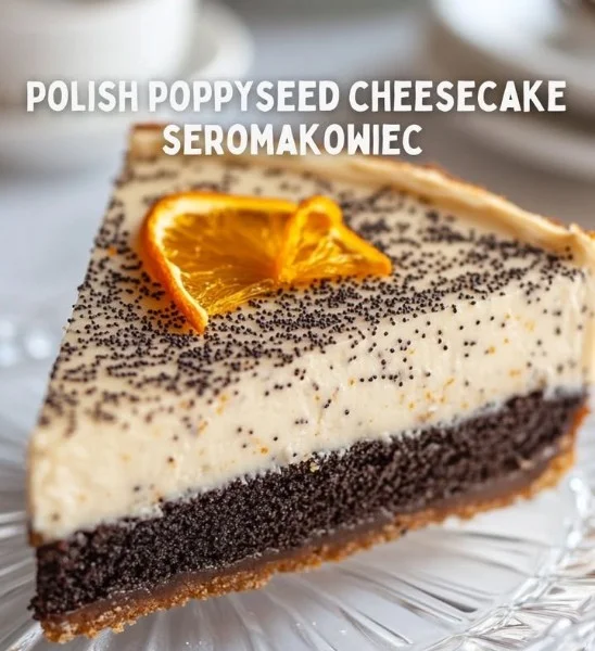 Slice of Polish Poppyseed Cheesecake topped with poppy seeds and cream