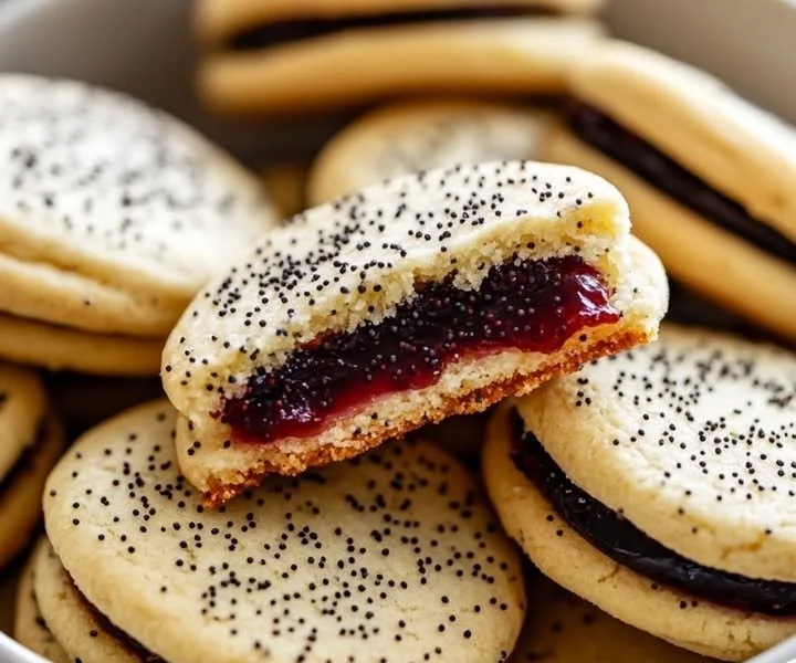 Delicious Polish poppyseed cookies filled with jam on a plate.
