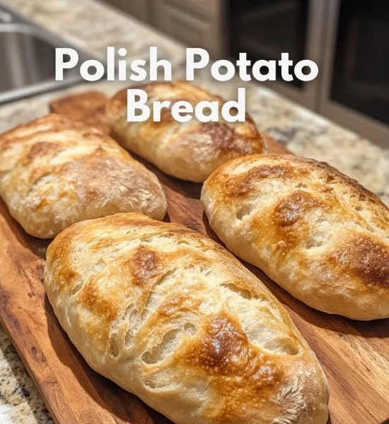 A freshly baked loaf of Polish Potato Bread on a wooden cutting board.