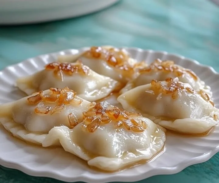 Plate of Polish Ruskie dumplings filled with cheese and potatoes