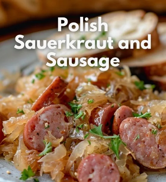 Delicious Polish Sauerkraut served with sausage on a plate