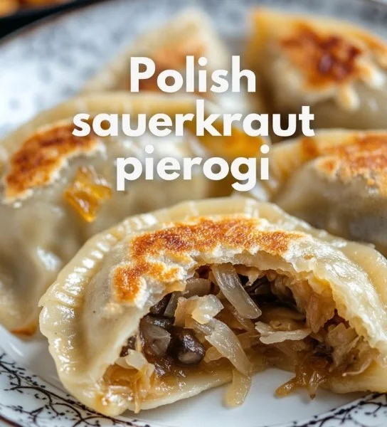 Plate of authentic Polish sauerkraut dumplings garnished with herbs
