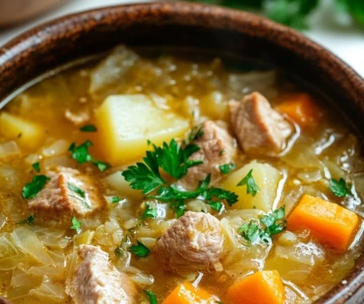 Bowl of traditional Polish Sauerkraut Soup garnished with herbs