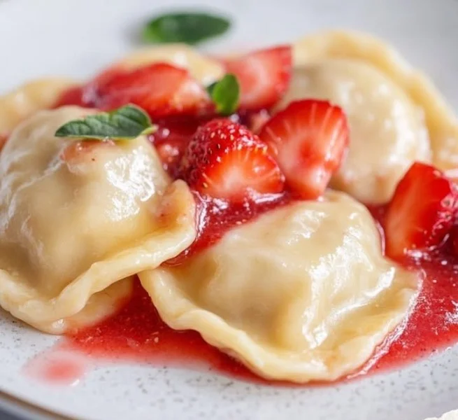 Delicious Polish strawberry dumplings served with powdered sugar.
