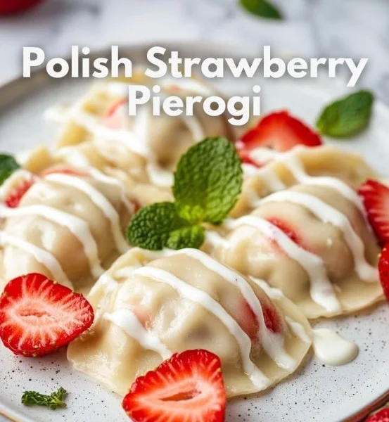 Delicious Polish strawberry dumplings served with a dollop of cream