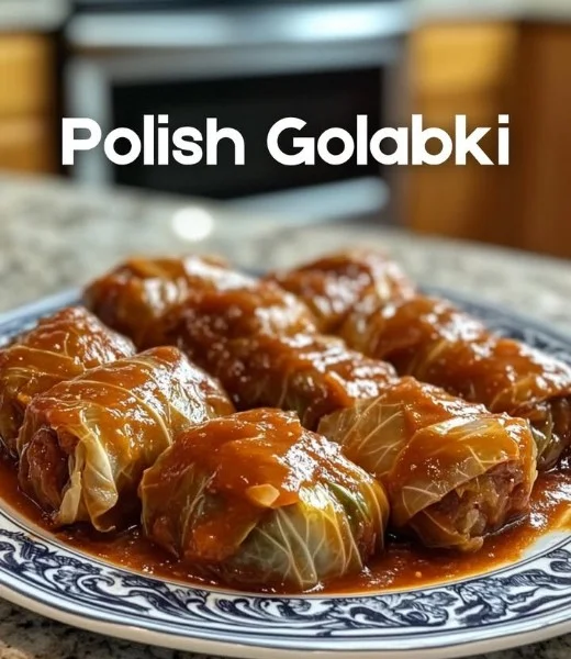 Plate of Polish stuffed cabbage rolls served with tomato sauce and herbs