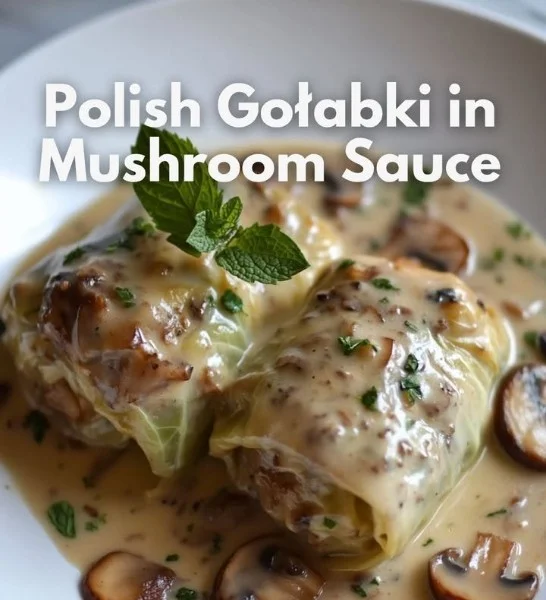 Polish stuffed cabbage rolls with mushroom sauce on a plate