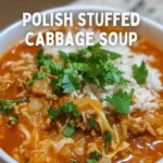 Bowl of Polish stuffed cabbage soup garnished with herbs and served with bread.