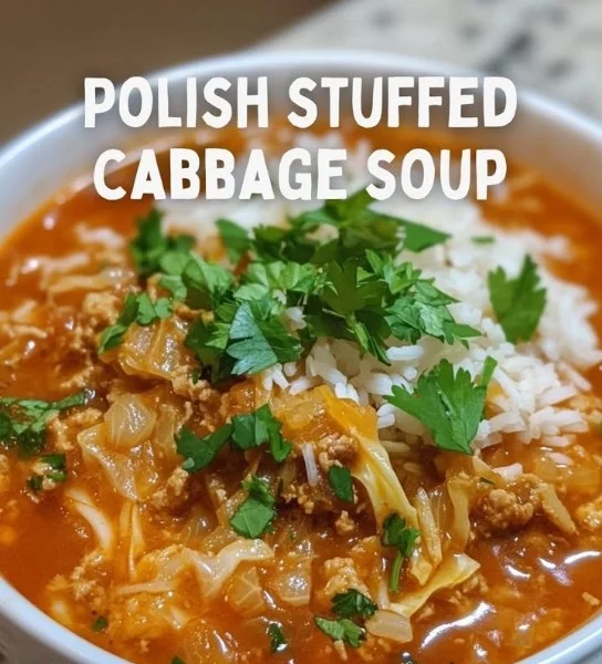 Bowl of Polish stuffed cabbage soup garnished with herbs and served with bread.