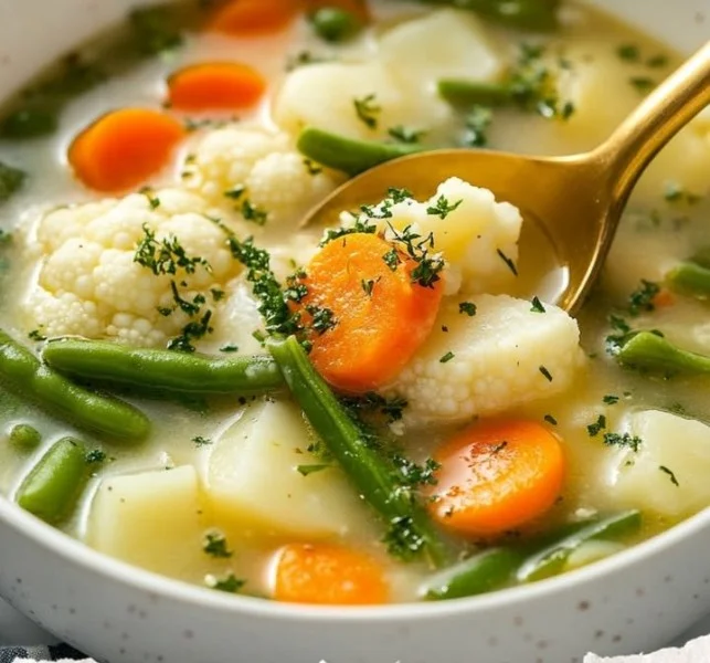 A bowl of Polish vegetable soup filled with colorful vegetables and herbs.