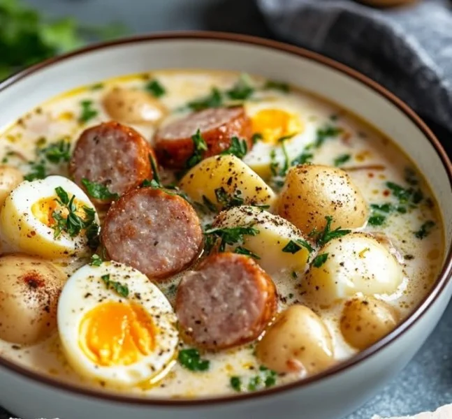 A bowl of traditional Polish White Borscht with sausage and herbs.