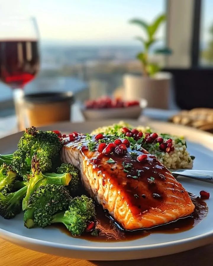 Pomegranate glazed salmon topped with fresh pomegranate seeds on a plate.