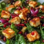 Pomegranate Greens Salad topped with Halloumi croutons and spiced orange vinaigrette