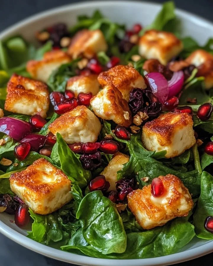 Pomegranate Greens Salad topped with Halloumi croutons and spiced orange vinaigrette