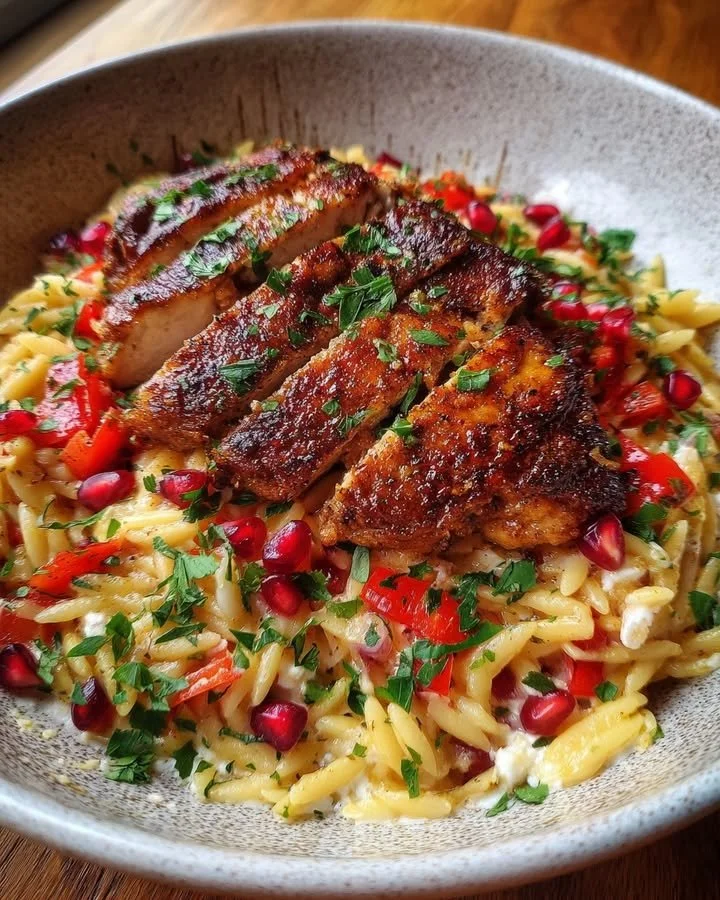 Pomegranate Molasses Chicken served with orzo, ricotta, and roasted red peppers