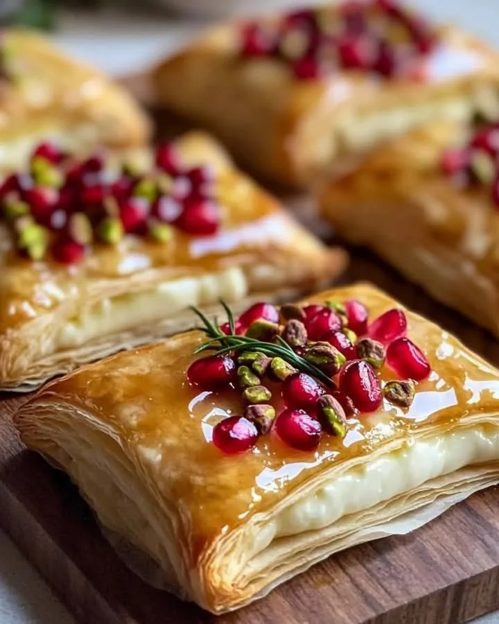 Pomegranate and pistachio brie pastry bites drizzled with rosemary honey