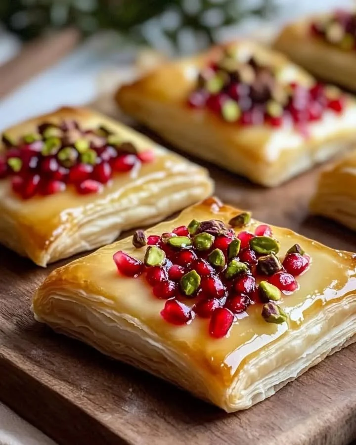 Pomegranate and pistachio Brie pastry bites topped with rosemary honey