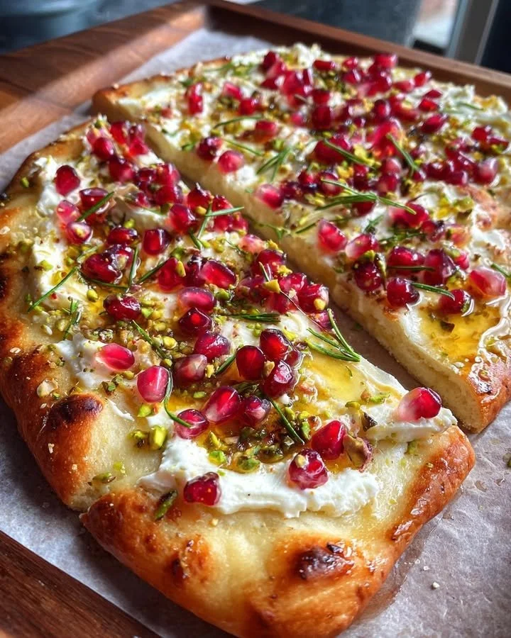 Pomegranate and Pistachio Holiday Flatbread with Rosemary Honey Drizzle