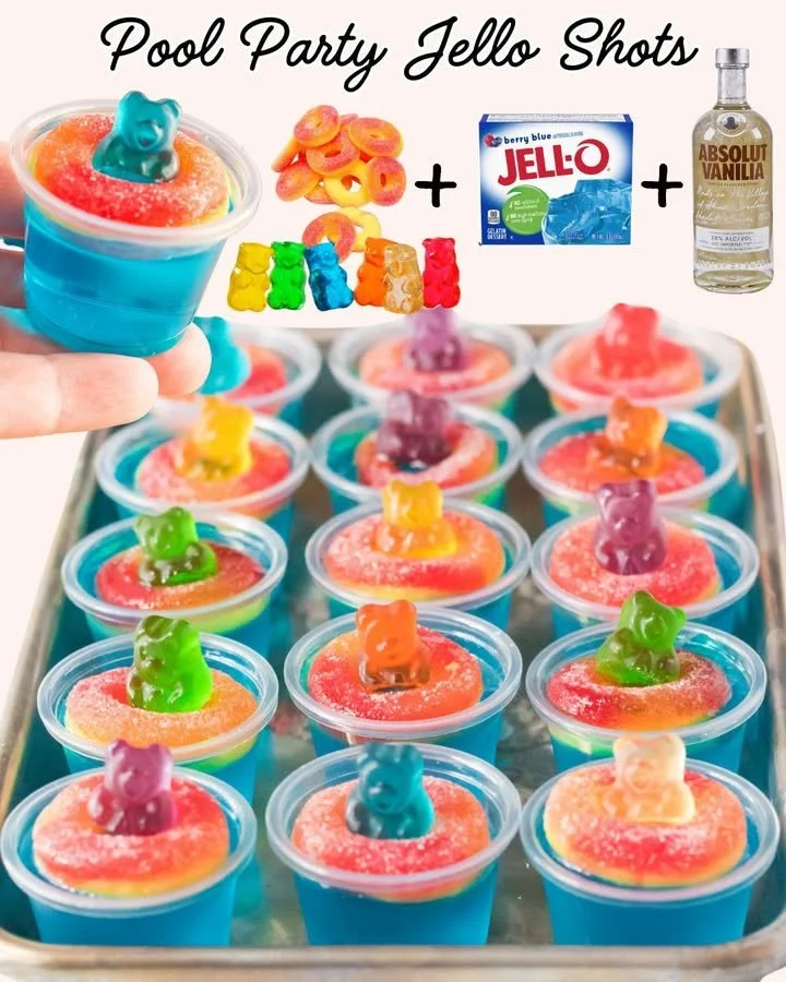 Vibrant jello shots ready for a pool party.