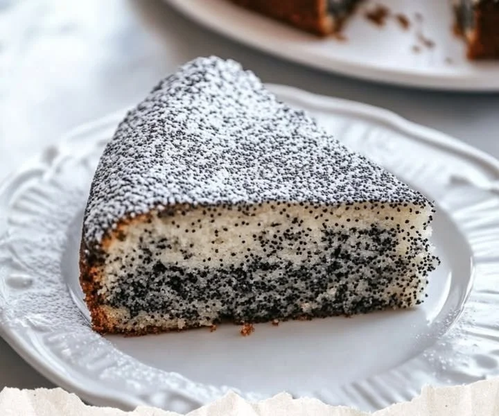 Slice of moist poppy seed cake topped with icing on a plate