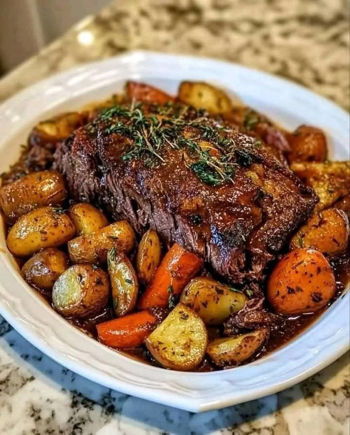 Delicious pot roast with carrots and potatoes served on a plate