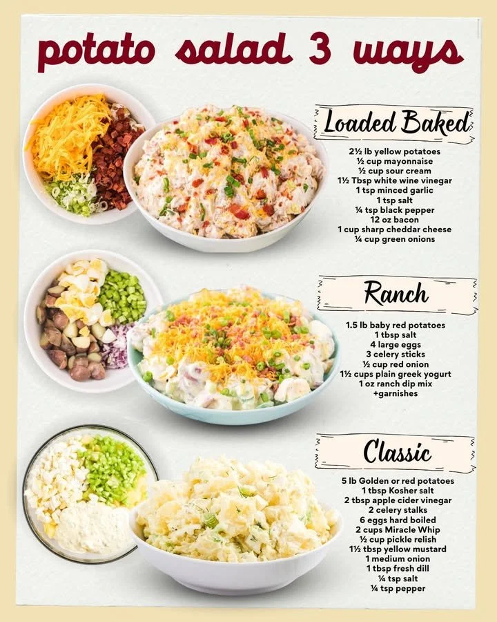 Three variations of potato salad served in bowls.