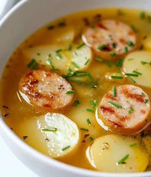 Bowl of hearty Potato Sausage Soup with ingredients garnished on top