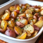 Oven roasted potatoes and onions served in a dish