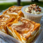 Delicious Pumpkin Cheesecake Swirl Bars with a creamy pumpkin topping
