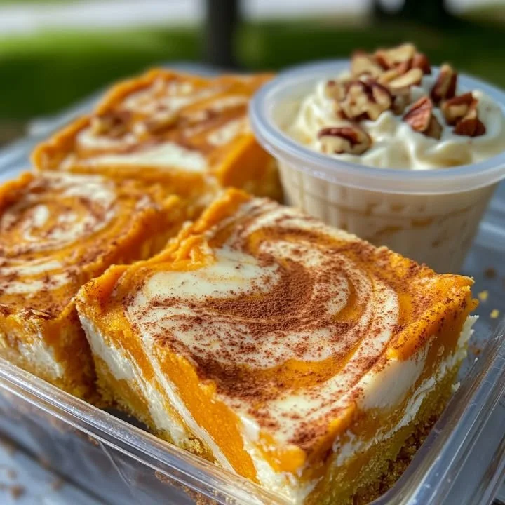 Delicious Pumpkin Cheesecake Swirl Bars with a creamy pumpkin topping