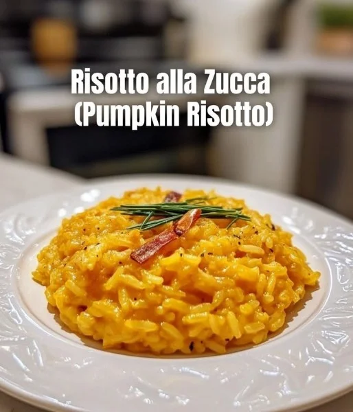 Creamy Pumpkin Risotto served in a white bowl garnished with herbs
