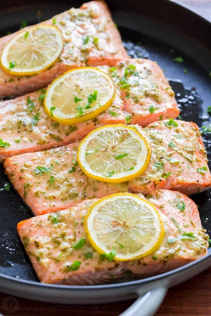 Quick and easy salmon dish with Dijon mustard sauce on a plate
