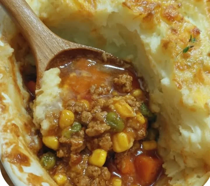 Delicious quick and easy shepherd's pie served with mashed potatoes and ground meat.