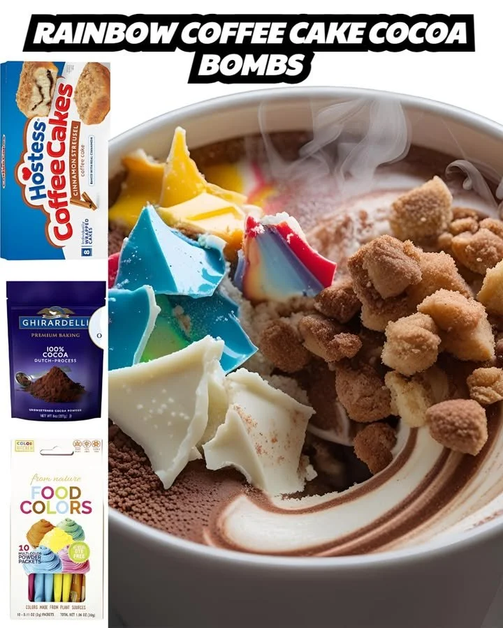 Rainbow Coffee Cake Cocoa Bombs - colorful and decadent coffee cake treats.