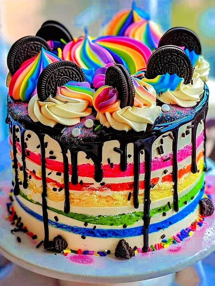 Colorful Rainbow Oreo Celebration Cake with layers of cream and crushed Oreos