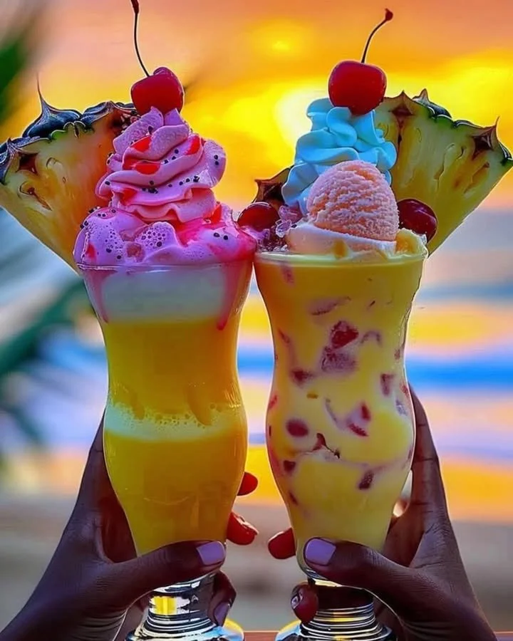 Colorful Rainbow Sherbet Piña Colada in a tropical glass